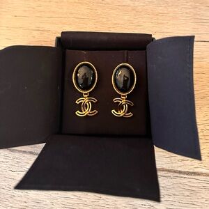 CHANEL gold and black enamel drop earrings
